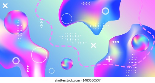 Summer bright party poster wiht colorful liquid form. Bright smooth mesh is blurred by a futuristic pattern in pink, blue, green, yellow, purple tones. Colorful rainbow gradient.  