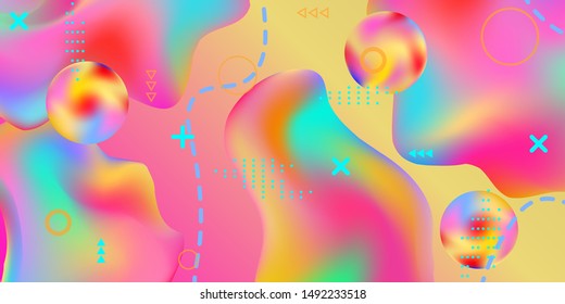 Summer bright party poster wiht colorful liquid form. Bright smooth mesh is blurred by a futuristic pattern in pink, blue, green, yellow, purple tones. Gradients waves music background.