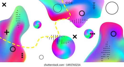 Summer bright party poster wiht colorful liquid form. Bright smooth mesh is blurred by a futuristic pattern in pink, blue, green, yellow, purple tones. Gradients waves music background.