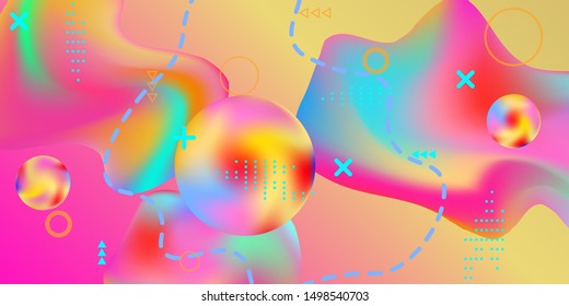 Summer bright party poster wiht colorful liquid form. Bright smooth mesh is blurred by a futuristic pattern in pink, blue, green, yellow, purple tones. Gradients waves music background.