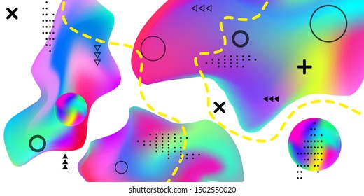 Summer bright party poster wiht colorful liquid form. Bright smooth mesh is blurred by a futuristic pattern in pink, blue, green, yellow, purple tones. Gradients waves music background.