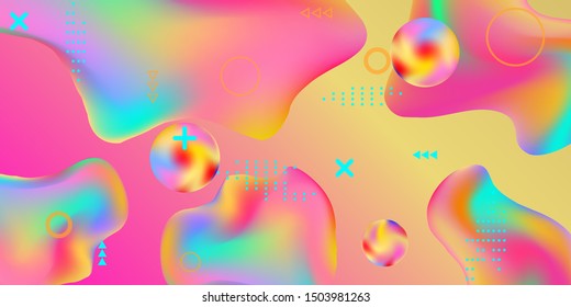 Summer bright party poster wiht colorful liquid form. Bright smooth mesh is blurred by a futuristic pattern in pink, blue, green, yellow, purple tones. Gradients waves music background.