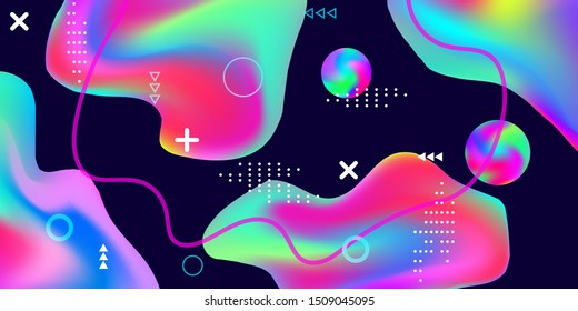 Summer bright party poster wiht colorful liquid form. Bright smooth mesh is blurred by a futuristic pattern in pink, blue, green, yellow, purple tones. Gradients waves music background.