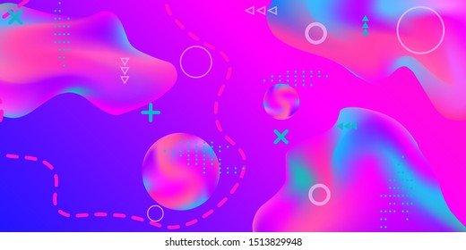 Summer bright party poster wiht colorful liquid form. Bright smooth mesh is blurred by a futuristic pattern in pink, blue, green, yellow, purple tones. Gradients waves music background.