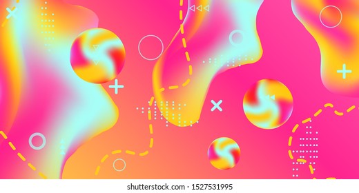 Summer bright party poster wiht colorful liquid form. Bright smooth mesh is blurred by a futuristic pattern in pink, blue, green, yellow, purple tones. Gradients waves music background.