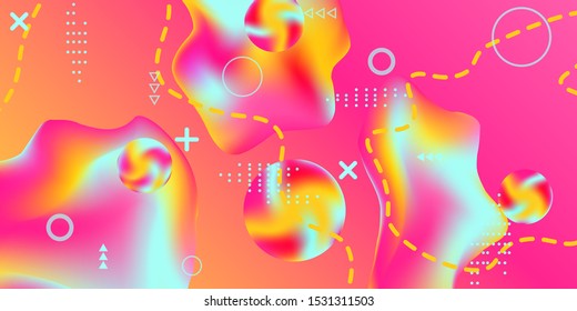 Summer bright party poster wiht colorful liquid form. Bright smooth mesh is blurred by a futuristic pattern in pink, blue, green, yellow, purple tones. Gradients waves music background.