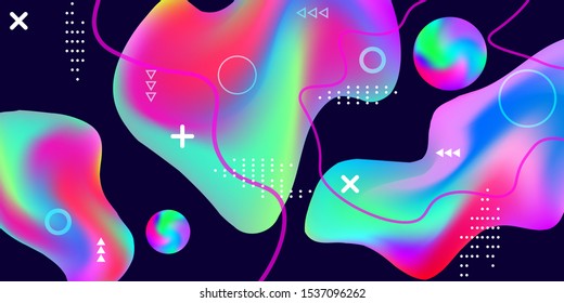 Summer bright party poster wiht colorful liquid form. Bright smooth mesh is blurred by a futuristic pattern in pink, blue, green, yellow, purple tones. Gradients waves music background.