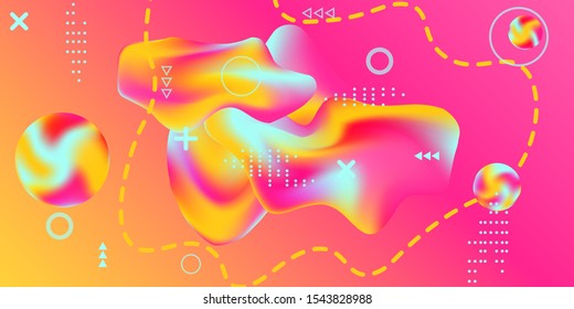 Summer bright party poster wiht colorful liquid form. Bright smooth mesh is blurred by a futuristic pattern in pink, blue, green, yellow, purple tones. Gradients waves music background.