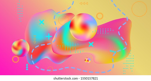 Summer bright party poster wiht colorful liquid form. Bright smooth mesh is blurred by a futuristic pattern in pink, blue, green, yellow, purple tones. Gradients waves music background.