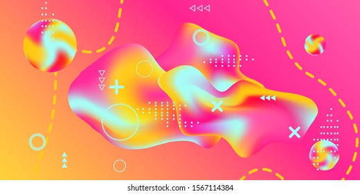 Summer bright party poster wiht colorful liquid form. Bright smooth mesh is blurred by a futuristic pattern in pink, blue, green, yellow, purple tones. Gradients waves music background.