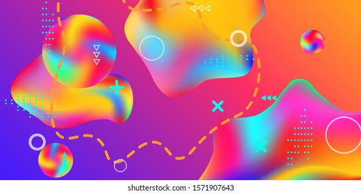 Summer bright party poster wiht colorful liquid form. Bright smooth mesh is blurred by a futuristic pattern in pink, blue, green, yellow, purple tones. Colorful rainbow gradient.  