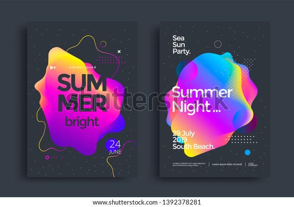 Summer bright party poster wiht colorful liquid\
form. Club night flyer. Abstract gradients fluid shapes backgrounds\
for cover, brochure.