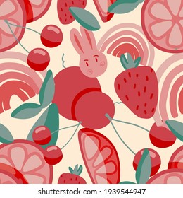 summer bright pattern with grapefruit slices, berries and leaves. on a light background.