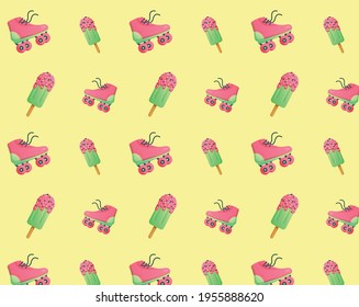 Summer bright pattern with ice cream and roller skates