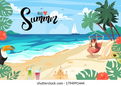 Summer bright postcard. The girl is resting in a hammock on the sea coast. Hello summer lettering. Vector illustration. Cartoon design.