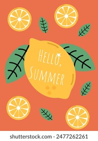 summer bright postcard in the Hello Summer vector with juicy lemons and leaves