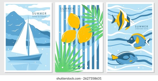 Summer bright posters. Landscape with a sailboat and mountains, Tropical leaves and lemons, Underwater world with fish, sea, ocean. Tourism concept, travel, wild nature, vacation.Vector illustration
