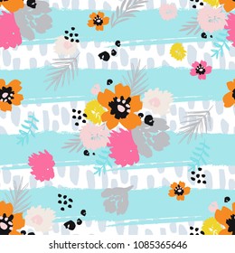Summer Bright Print Seamless Pattern with Cute Hand Drawn Flowers , Horizontal Stripes and Brush Strokes Print 
