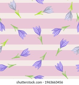 Summer bright random seamless pattern with vlue outline crocus flower print. Striped pink background. Graphic design for wrapping paper and fabric textures. Vector Illustration.