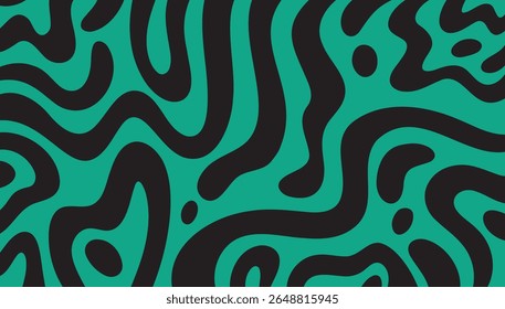 Summer bright retro 60s or 70s background colorful leaking smooth organic bold lines. Poisonous flashy black emerald green colors. Vector illustration