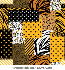 Summer bright safari animal skin mixed with geometric pattern ,polka dots and stripe in modern patchwork collage style seamless vector design for fashion,fabric , wallpaper and all prints on yellow