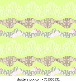 Summer bright sea Waves seamless pattern scales simple Nature background with Chinese wave circle pattern violet brown Light yellow-green colors card banner design. Vector illustration