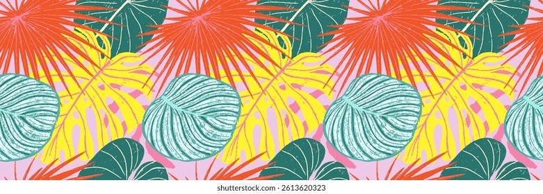 Summer bright seamless pattern with abstract hand drawn crayon tropical leaves. Vector illustration in modern art style