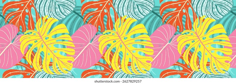 Summer bright seamless pattern with abstract hand drawn crayon tropical leaves. Vector illustration in modern art style