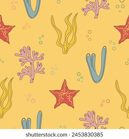 Summer bright seamless pattern with algae, corals, marine plants on the yellow background vector illustration