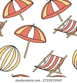 Verão brilhante padrão contínuo com guarda-chuvas coloridos e cadeiras de praia para um conceito de design costeiro relaxante como padrão de praia relaxante com guarda-chuvas coloridos e cadeiras de praia perfeitas para um design de verão costeiro calmo no Photo Stock Concept e espaço vazio no lado esquerdo, sem texto —ar 7:2 —tile