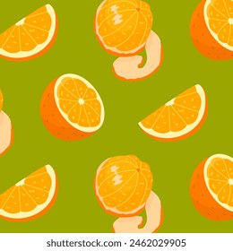Verano brillante patrón sin costuras con frutas. Patrón naranja jugoso. Adorno de moda para textil, papel de embalaje, diseño de cuaderno o Fondo de pantalla. Ilustración vectorial aislada sobre un fondo de color.