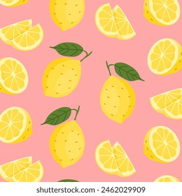 Summer bright seamless pattern with fruits. Juicy lemon pattern. Trendy ornament for textile, wrapping paper, notebook design or wallpaper. Vector illustration isolated on a color background.