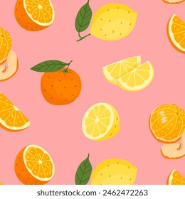 Summer bright seamless pattern with fruits. Juicy citrus pattern. Trendy ornament for textile, wrapping paper, notebook design or wallpaper. Vector illustration isolated on a color background.