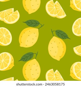 Summer bright seamless pattern with fruits. Juicy lemon pattern. Trendy ornament for textile, wrapping paper, notebook design or wallpaper. Vector illustration isolated on a color background.