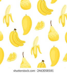 Summer bright seamless pattern with fruits. Juicy fruit pattern. Trendy ornament for textile, wrapping paper, notebook design or wallpaper. Vector illustration isolated on a transparent background.