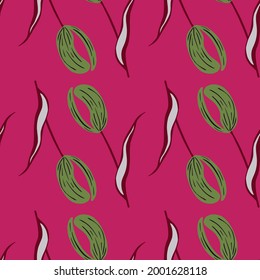 Summer bright seamless pattern with green tulip flowers ornament. Pink background. Simple style. Graphic design for wrapping paper and fabric textures. Vector Illustration.