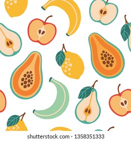 Summer bright seamless pattern with hand drawn papaya, pear, banana, lemon and apple. 