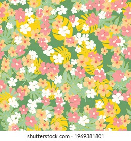 Summer bright seamless pattern in Hawaiian style with tiny flowers and tropical leaves.
