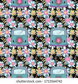 Summer bright seamless pattern with hippie bus and floral background. Vacation concept.