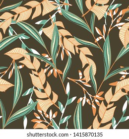 Patrón veraniego transparente con hojas y plantas tropicales sobre un fondo marrón. Diseño de vectores. Impresión de selva. Textiles e impresión. Fondo floral.