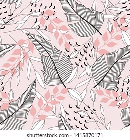 Summer bright seamless pattern with tropical leaves and plants on pastel pink background. Vector design. Jungle print. Textiles and printing. Floral background.