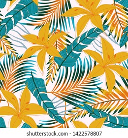 Summer bright seamless pattern with tropical leaves and flowers on white background. Vector design. Jung print. Floral background. Printing and textiles.