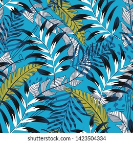 Summer bright seamless pattern with tropical leaves and plants on a gentle light blue background. Vector design. Jungle print. Floral background. Printing and textiles. Exotic tropics. Summer design.