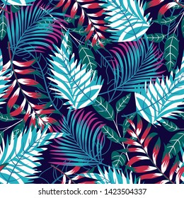 Summer bright seamless pattern with tropical leaves and plants on a gentle dark background. Vector design. Jungle print. Floral background. Printing and textiles. Exotic tropics. Summer design.