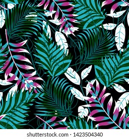 Summer bright seamless pattern with tropical leaves and plants on a delicate black background. Vector design. Jungle print. Floral background. Printing and textiles. Exotic tropics. Summer design.