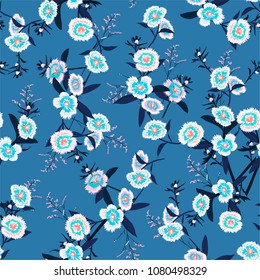 Summer bright  Seamless pattern vector blooming dianthus flower in the garden for forshion fabric and all prints on sky blue background