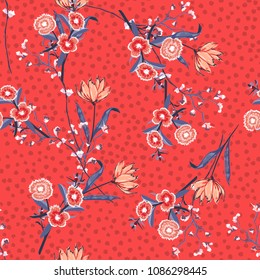 Summer and bright Seamless pink floral pattern with blooming ,Flowers  on hand drawn on tone polka dot background. Vector  for fashion fabric and all prints on red orange color.
