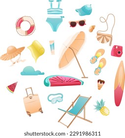 Summer bright set: swimsuit, glasses, inflatable watermelon, handbag, camera, piece of watermelon, surfboard, cream, pineapple, twisted blanket, shell, ice cream, cap, beach chai. Vector illustration
