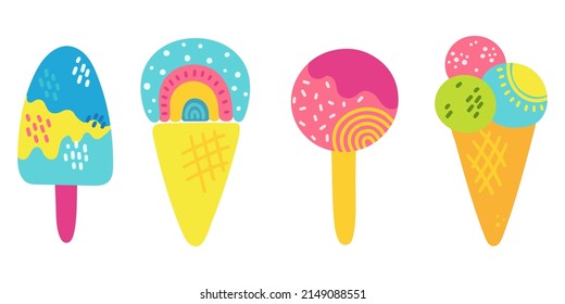 Summer bright set of various delicious ice cream including lolly ice, cones with different topping and fruit ice