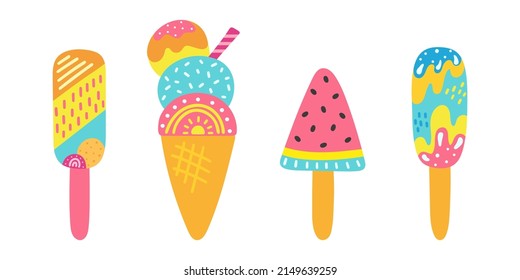 Sommerliche helle Reihe von verschiedenen leckeren Eis, einschließlich Lollly Eis, Kegel mit verschiedenen Toppen und Fruchtseis